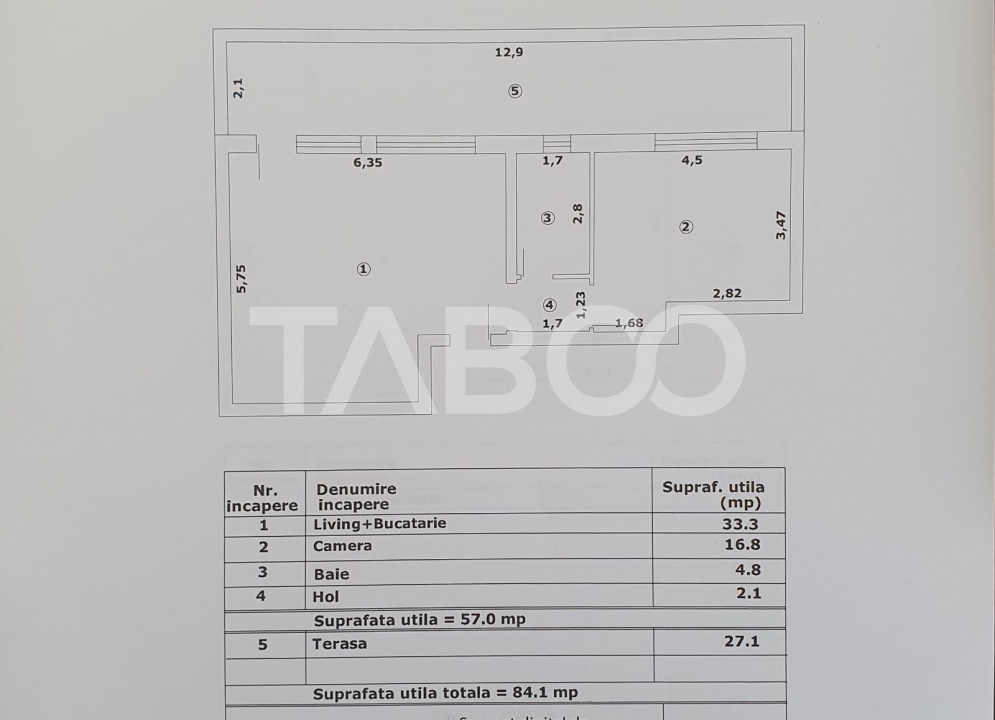 Apartament 2 camere decomandat 47 mp utili + terasa 27 mp nou 2025