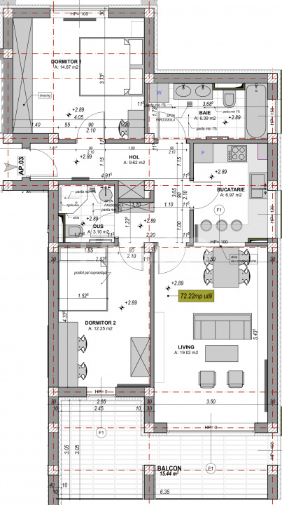 Apartament 3 camere 2 bai cu terasa de 15 mp - predare la cheie