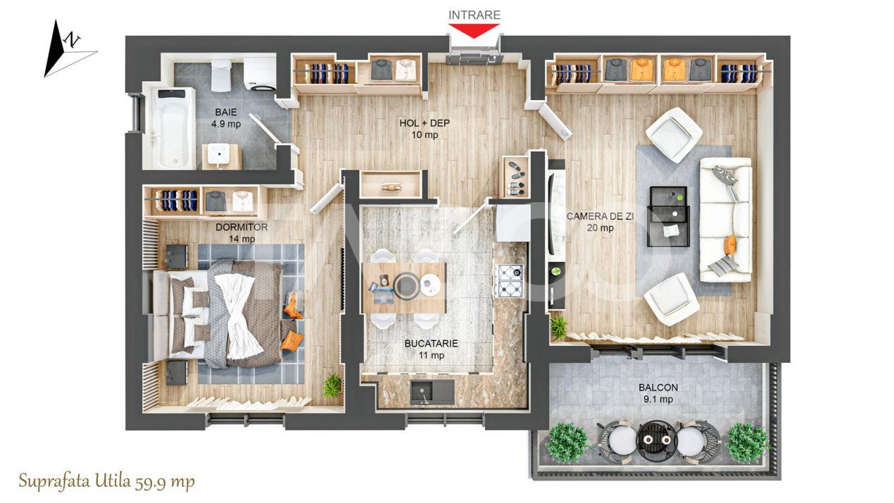 Apartament 60 mpu cu 2 camere decomandate si balcon 9 mp in SIBIU in Sibiu - Aleea Streiu