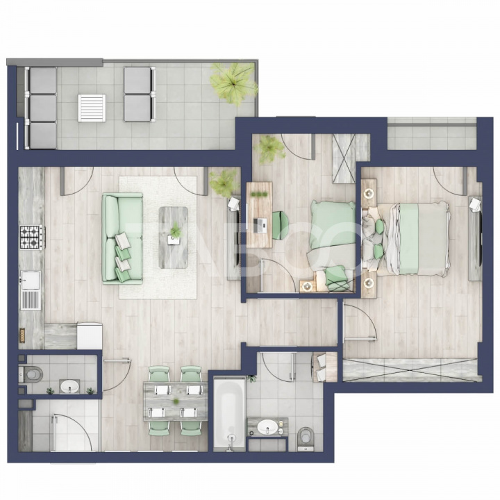 Apartament 63 mp utili 3 camere 2 bai gradina parter inalt Turnisor