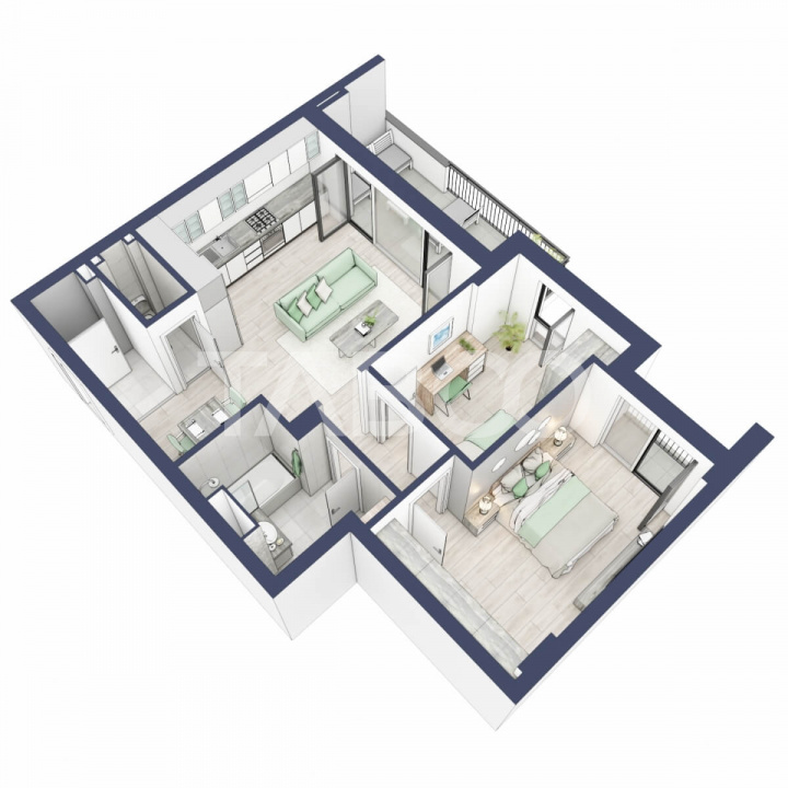 Apartament 63 mp utili 3 camere 2 bai gradina parter inalt Turnisor