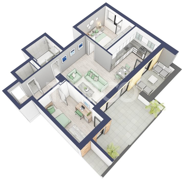Apartament 66 mp utili 3 camere 2 bai etaj 3 in bloc cu lift Turnisor