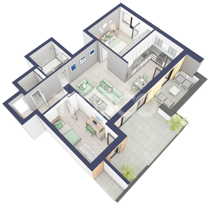 Apartament 66 mp utili 3 camere 2 bai etaj 3 in bloc cu lift Turnisor