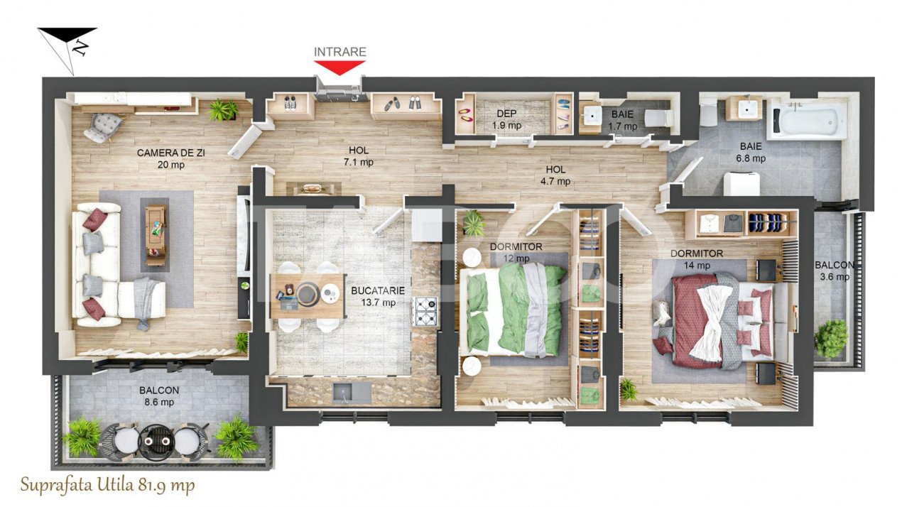 Apartament 82 mpu 3 camere 2 bai 2 balcoane in Hipodrom Sibiu