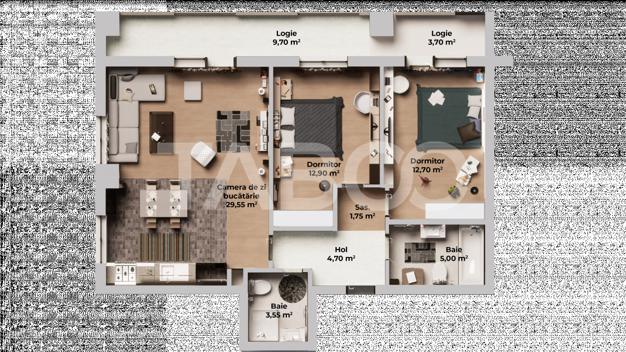 Apartament cu 3 camere 2 bai si 2 balcoane - finalizat si intabulat