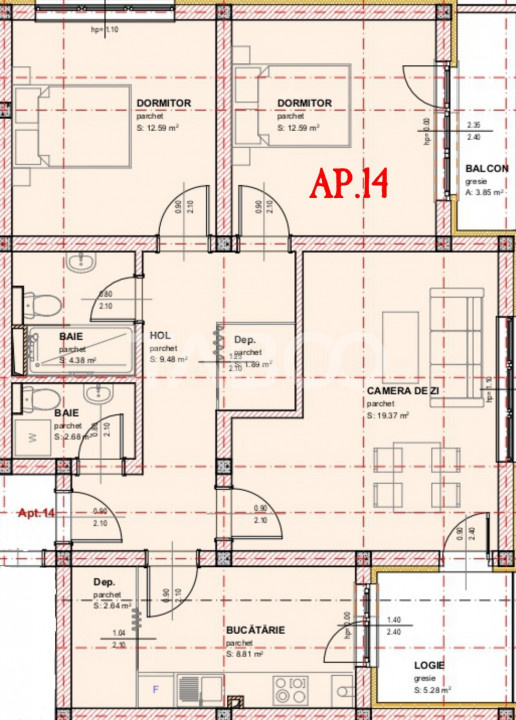 Apartament de vanzare 3 camere 2 bai 1 logie 1 balcon loc de parcare