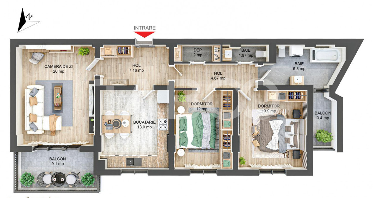 Apartament decomandat 3 camere 2 bai 83 mpu 2 balcoane Sibiu Rahovei