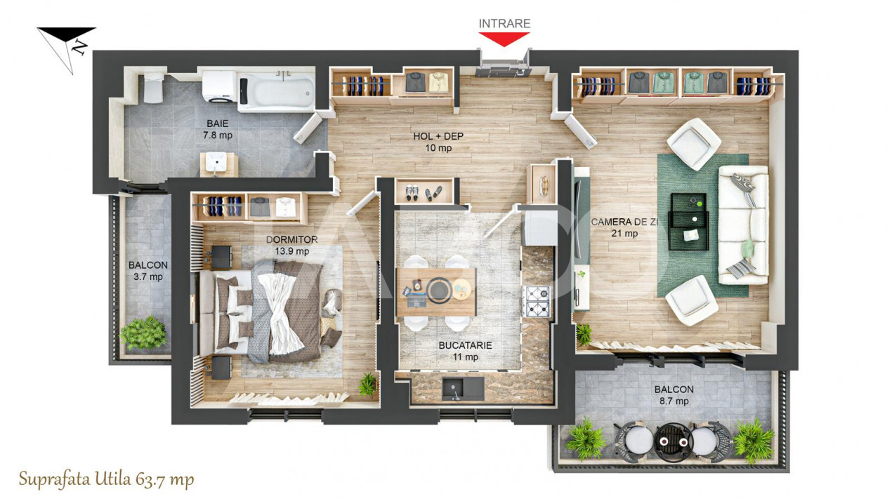 Apartament decomandat cu 2 camere 64 mpu 2 balcoane Rahovei Sibiu