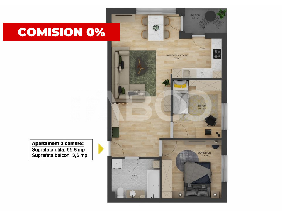 FARA COMISION - Apartament 3 camere 66 mpu balcon Doamna Stanca Sibiu