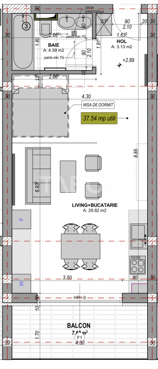 Garsoniera 38 mp cu terasa - incalzire in pardosea si aer conditionat